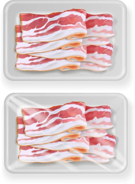 boczek w plastikowym białym plastikowym pojemniku na żywność. ilustracja wektorowa. - breakfast bacon food tray stock illustrations