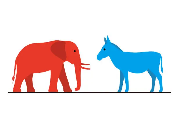 Vector illustration of Democrat Donkey and Republican Elephant flat vector illustration