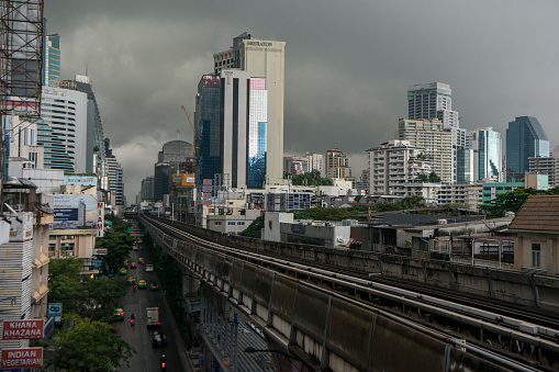 cloudy weather at a sky train station the city of Bangkok in Thailand in Southeastasia.  Thailand, Bangkok, November, 2018