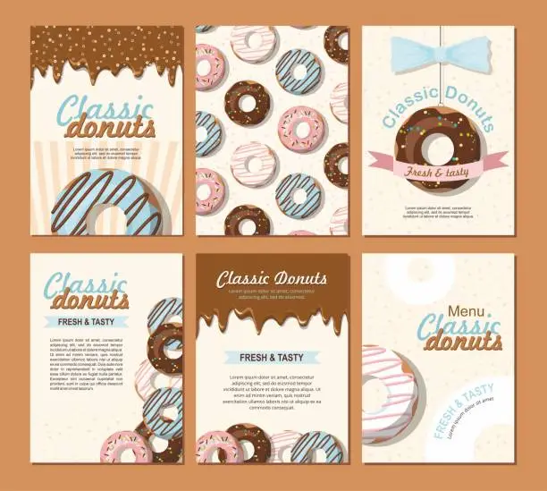 Vector illustration of Set posters vector template with donuts. Sweet background.
