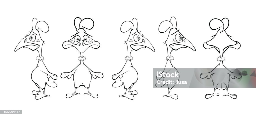 lustration of a Cute Cock  Cartoon Character for you Design and Computer Game. Storyboard. Coloring Book set of various little chickens in various provisions for coloring Cartoon stock vector