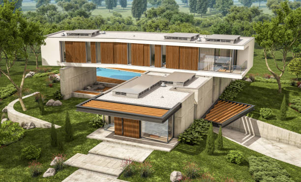 istock 3d rendering of modern house on the hill with pool 1132005121
