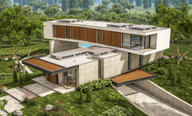 istock 3d rendering of modern house on the hill with pool 1132005652