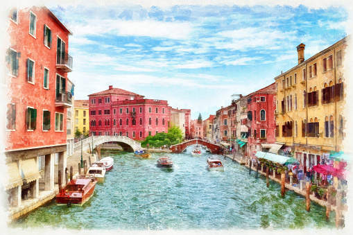 Picturesque view of Venetian canal with moving boats, digital imitation of watercolor painting. Colorful old medieval houses over a canal in Venice, Italy.