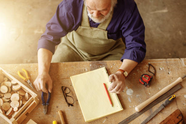 istock old shop teather sitting near the table with useful instruments 1132005876