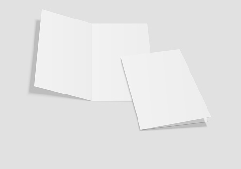 Mockup of the booklet or brochure with open blank pages. A4 half folded. Isolated vector illustration on white background.