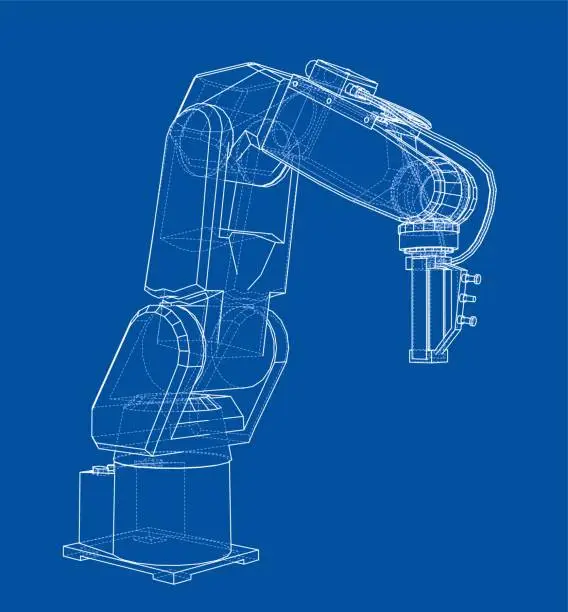 Vector illustration of 3D outline Robotic arm. Vector rendering of 3d