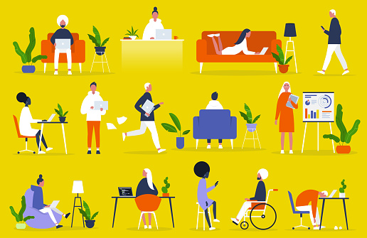 Big set of business people. Office situations. Millennials at work. Diversity. Modern professions. Management. Inclusive team of specialists. Flat editable vector illustration, clip art