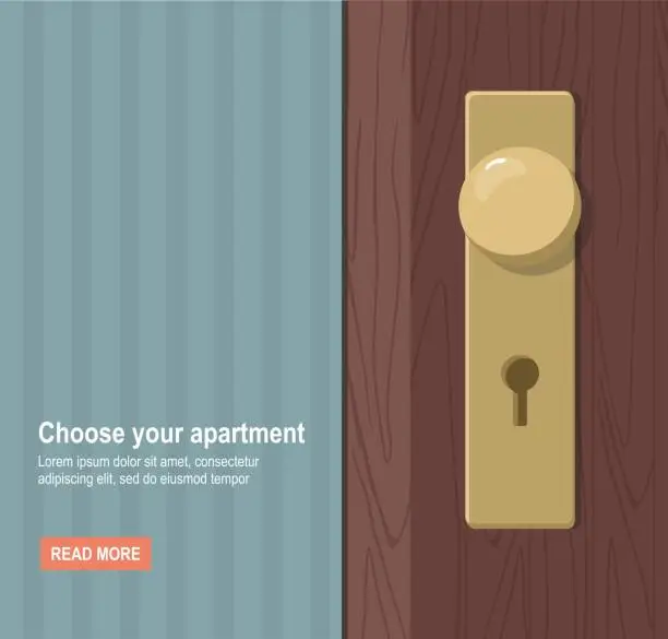 Vector illustration of Metallic door handle and lock on a classic wooden door. Home