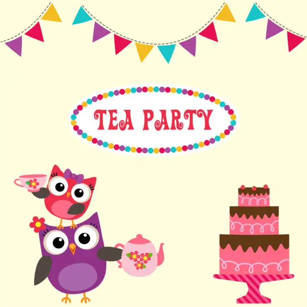 Vector illustration of Tea party invitation with cute owls