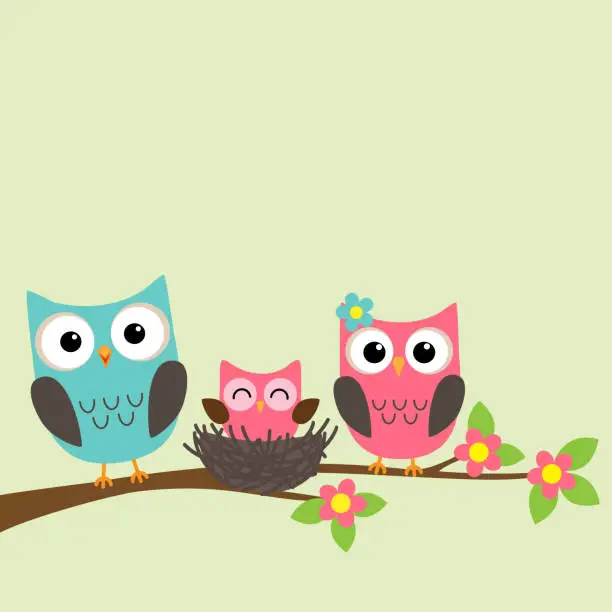 Vector illustration of Cartoon family of owls