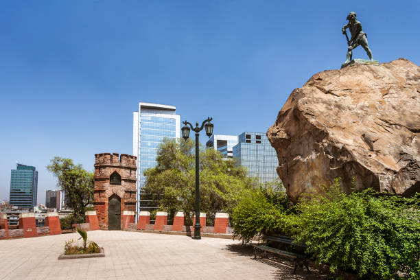 Santiago, Chile, December 17, 2017: Statue of unknown indian at top of Fort Hidalgo in Santa Lucia hill of Santiago de Chile
