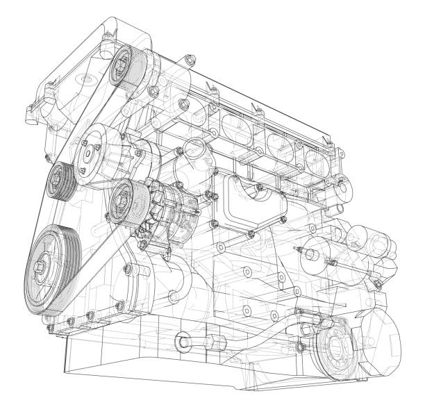 Engine sketch. Vector rendering of 3d Engine sketch. Vector rendering of 3d. Wire-frame style. The layers of visible and invisible lines are separated blueprint silhouettes stock illustrations