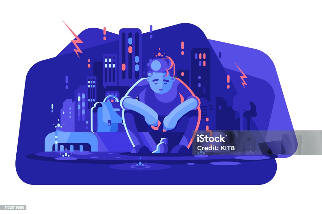 Young boy in depression Young boy in depression vector illustration. Sad man sitting alone outside in the rain flat style concept. Depressed guy feeding little kitten. Night cityscape on background Child stock vector