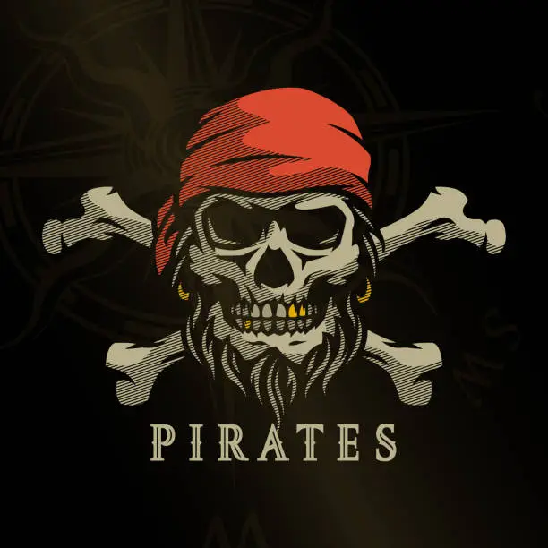 Vector illustration of Pirate skull in vintage style. Skeleton head and crossed bones.