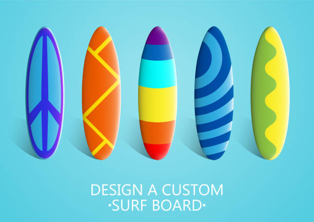 istock Set of surfboards. Bright colorful custom design.  3D vector. High detailed realistic illustration. 1132025626