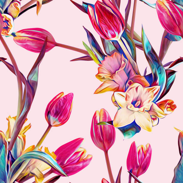 ilustrações de stock, clip art, desenhos animados e ícones de spring flowers seamless pattern template. - coral pink abstract paint