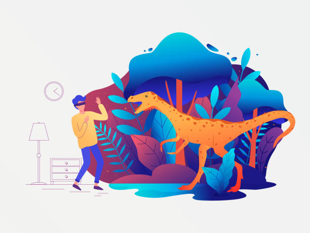 Man experiencing virtual reality game wearing vr goggles. Vector illustration. robot t rex stock illustrations