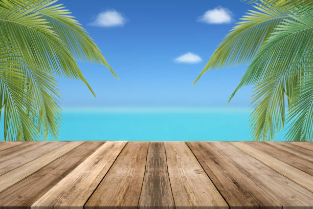 istock Beach with palm leaves, empty wooden boards product display 1132027974