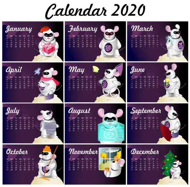 Vector illustration of calendar 2020 robot rat