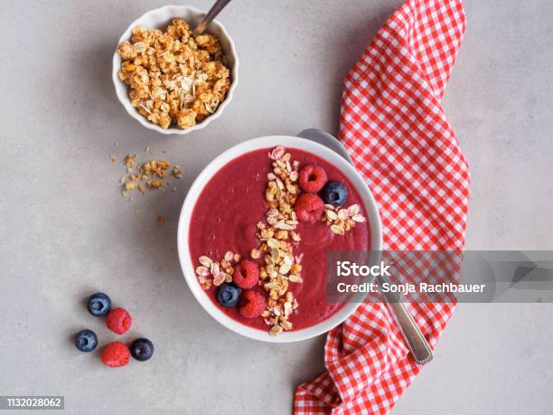 Red Berries Smoothie With Cereal Stock Photo - Download Image Now - Smoothie, Directly Above, Almond