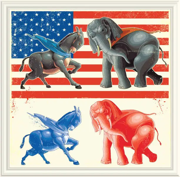 Vector illustration of Democratic donkey and Republican elephant