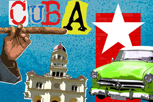 Cuba travel, Contemporary art collage, zine and comics culture style poster.