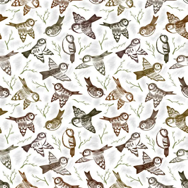 Vector illustration of Seamless pattern with sparrows and twigs