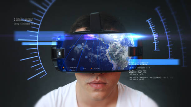 istock Handsome young man wearing VR headset and experiencing virtual reality. 1132037183