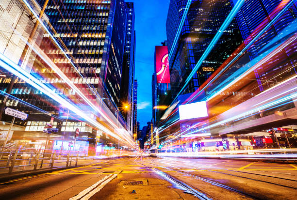 istock Modern city traffic at night 1132037421
