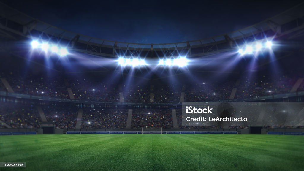 grand football stadium illuminated by spotlights and empty green grass playground football stadium sport theme digital 3D background advertisement illustration my own design Stadium Stock Photo