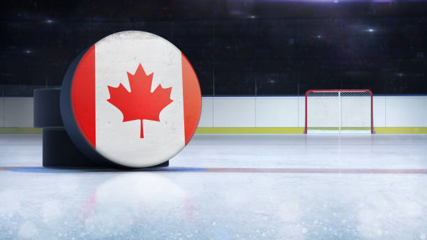 hockey puck with Canada flag side cover on ice rink with spectators background hockey arena indoor 3D render as national illustration background ice hockey free betting stock pictures, royalty-free photos & images