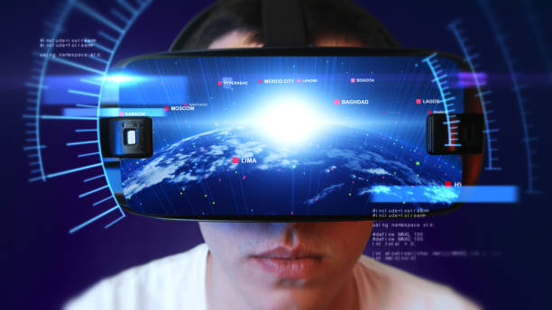 istock Young man wearing VR headset and experiencing virtual reality. 3D Rendering. 1132038188