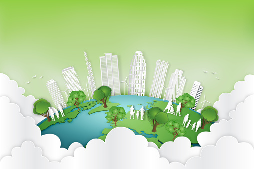Paper art , cut and craft style of green eco urban city with people and nature cityscape background on the earth as Ecology and environment conservation creative idea concept. Vector illustration.
