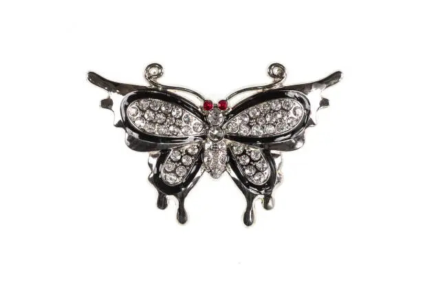 silver butterfly brooch with jewelry on white background