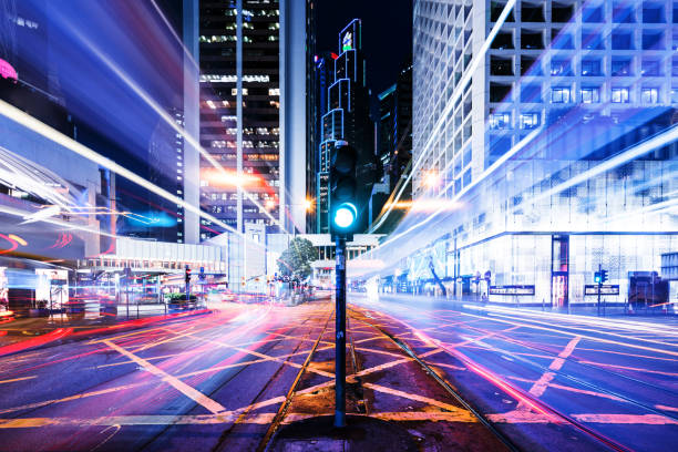 istock Modern city traffic at night 1132040105