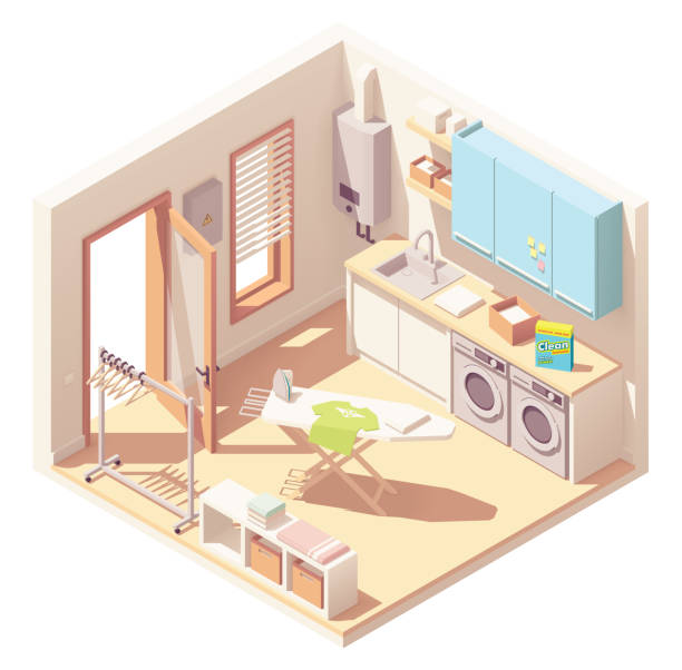 Vector isometric laundry room Vector isometric laundry room or utility room interior cross-section with washing machine, clothes dryer, furniture, tankless water heater, sink, ironing board and garment rack utility room stock illustrations