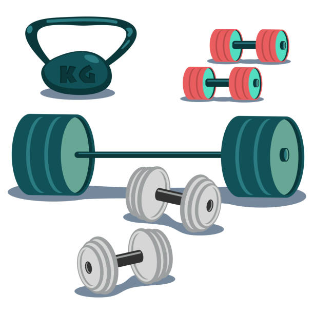 Dumbbells, weight and barbell icons set. Cartoon vector illustration isolated on white background. Dumbbells, weight and barbell. Gum icons vector set. gym clipart stock illustrations