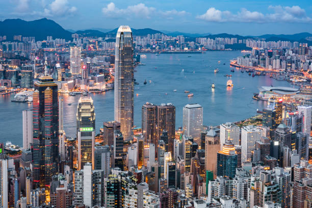 View of the Hong Kong skyline. Central District - Hong Kong, Hong Kong, Hong Kong Island, Victoria Harbour - Hong Kong, Aerial View hong kong photos stock pictures, royalty-free photos & images