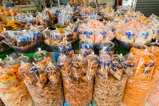 thai snacks at the city market at the mainroad at the city Market in the Town of Bangsaen in the Provinz Chonburi in Thailand.  Thailand, Bangsaen, November, 2018
