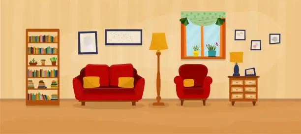 Vector illustration of Cozy living room with window.