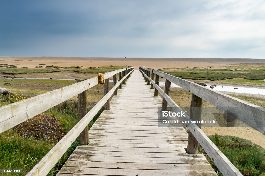 Chesil Beach Portland Dorset Wooden bridge to Chesil Beach near Weymouth and the Isle of Portland Dorset England UK Architecture Stock Photo