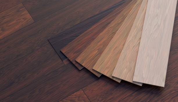 Color samples of wooden laminate floor. 3D rendered illustration. stock photo