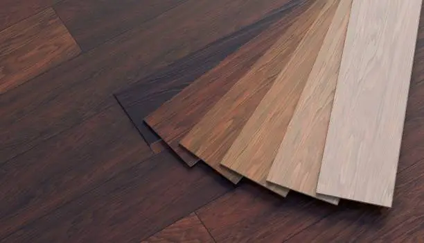 Photo of Color samples of wooden laminate floor. 3D rendered illustration.
