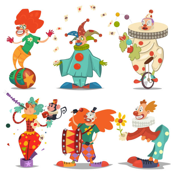 Circus clown character in different actions: juggling, riding unicycle, with flower in hands, monkey. Vector cartoon icons set isolated on a white background. Clown vector set isolated on white background. Icons. cartoon joker stock illustrations