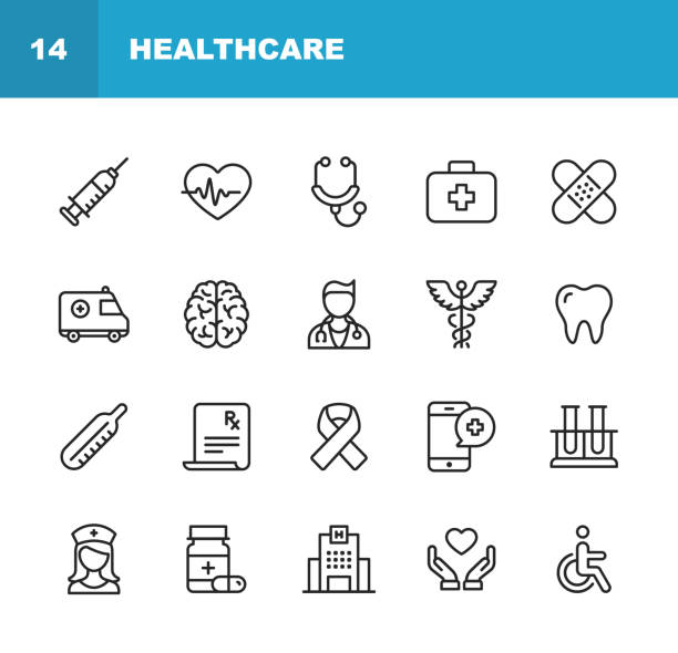 ikony linii opieki zdrowotnej i medycyny. edytowalny obrys. pixel perfect. dla urządzeń mobilnych i sieci web. zawiera takie ikony jak opieka zdrowotna, pielęgniarka, szpital, medycyna, pogotowie ratunkowe. - medical stock illustrations