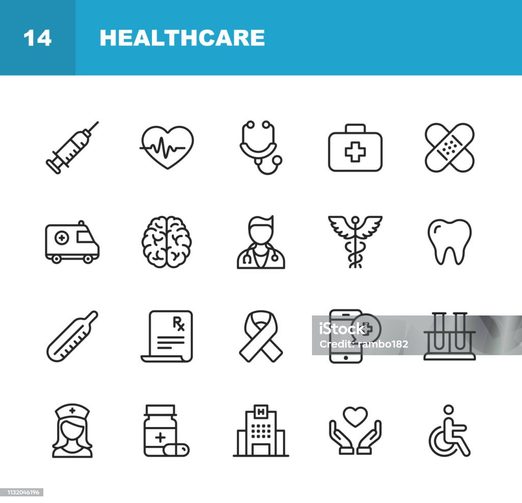 Healthcare and Medicine Line Icons. Editable Stroke. Pixel Perfect. For Mobile and Web. Contains such icons as Healthcare, Nurse, Hospital, Medicine, Ambulance. 20 Outline Icons. Icon stock vector