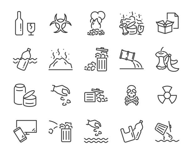 set of pollution icons, such as, pollution, dirty, bin, plastic, industry waste , world water day, waste set of pollution icons, such as, pollution, dirty, bin, plastic, industry waste , world water day, waste harm stock illustrations
