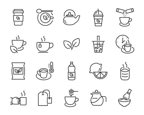 set von tee-ikonen, wie blase tee, shake trinken, teekanne, grüner tee - tee warmes getränk stock-grafiken, -clipart, -cartoons und -symbole