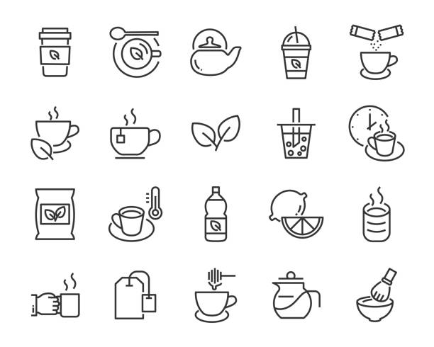 ilustrações, clipart, desenhos animados e ícones de jogo de ícones do chá, tais como o chá da bolha, bebida da agitação, teapot, chá verde - hot chocolate